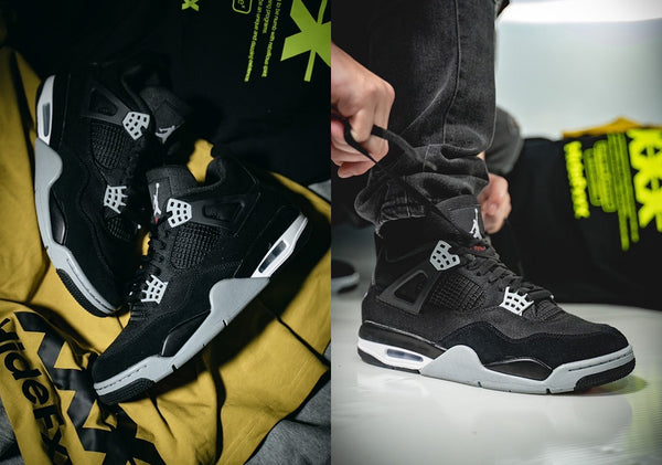 Air Jordan 4 'SE' Black Canvas sneakers worn on feet